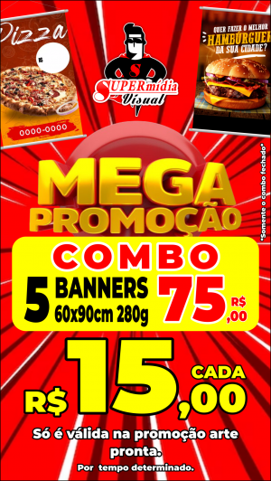 Combo 5 Banners Lona 280g 60x90cm 4x0 Brilho Bastão, cordão e ponteira 